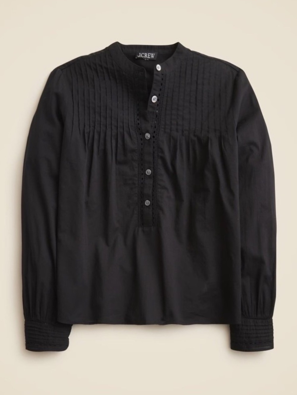 J. CREW Pintuck Lace Trim Top Blouse Cotton Voile Solid Black Preppy Small